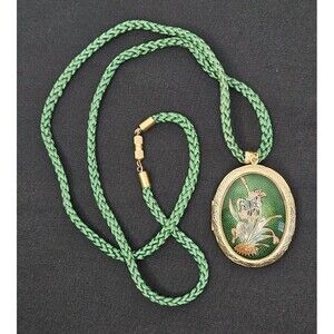 Vintage Cloisonné Locket Watch Pendant Necklace Lilly Flowers Gold Tone, Green